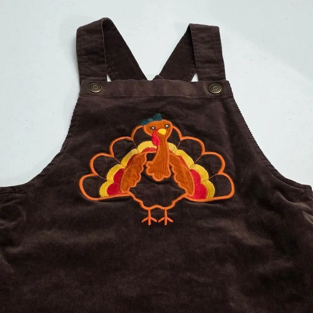 Gymboree Girls Embroidered Turkey Thanksgiving Corduroy Overalls Dress Size 10